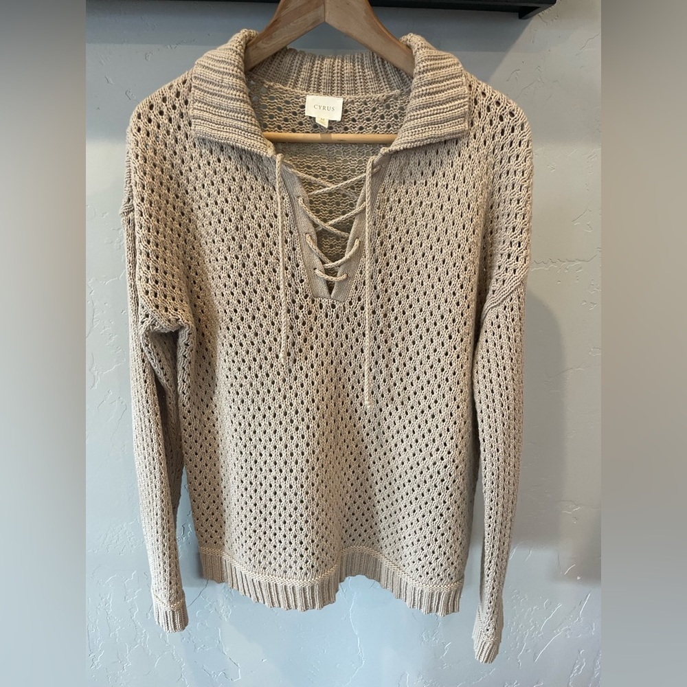 Cyrus Lace-Up Open Knit “Fisherman”Sweater - Taupe size M